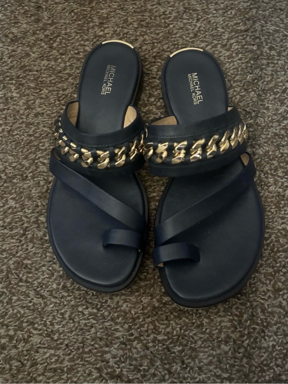 Michael Kors Midnight Blue Slide Sandals with Gold Chain Detail